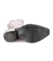 A light-colored Queen Western boot by Bed|Stü, shown from the bottom with a black sole featuring the "BED|STU" stamp near the toe.