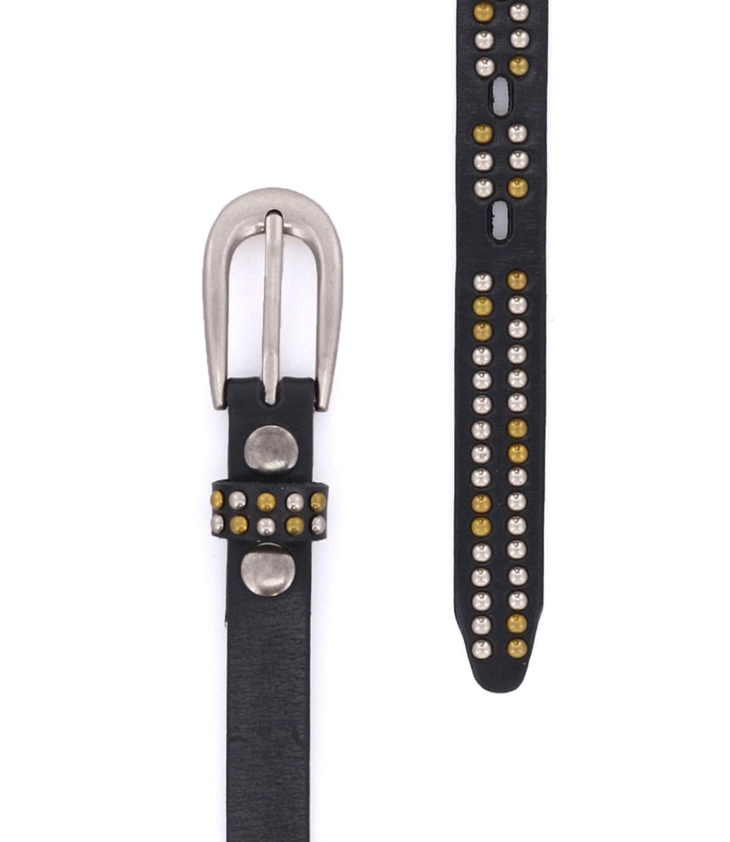 The Bed|Stü Rico is a black leather weekend belt featuring a silver buckle and embellished with alternating rows of metallic studs in both silver and gold along its length.