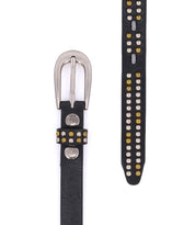 The Bed|Stü Rico is a black leather weekend belt featuring a silver buckle and embellished with alternating rows of metallic studs in both silver and gold along its length.