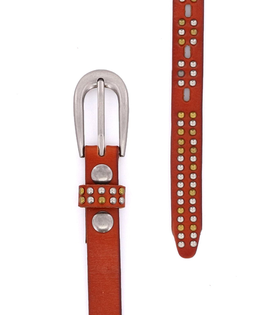 The Bed|Stü Rico belt is a brown leather weekend accessory, featuring a silver buckle and rows of both silver and gold metallic studs across the strap and belt loop, displayed from two angles.