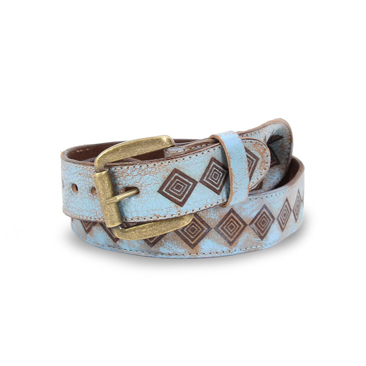 The Roam belt by Bed|Stü is a rolled leather accessory featuring a tarnished brass buckle and a striking blue and brown diamond pattern inspired by geometric motifs and western artistry.