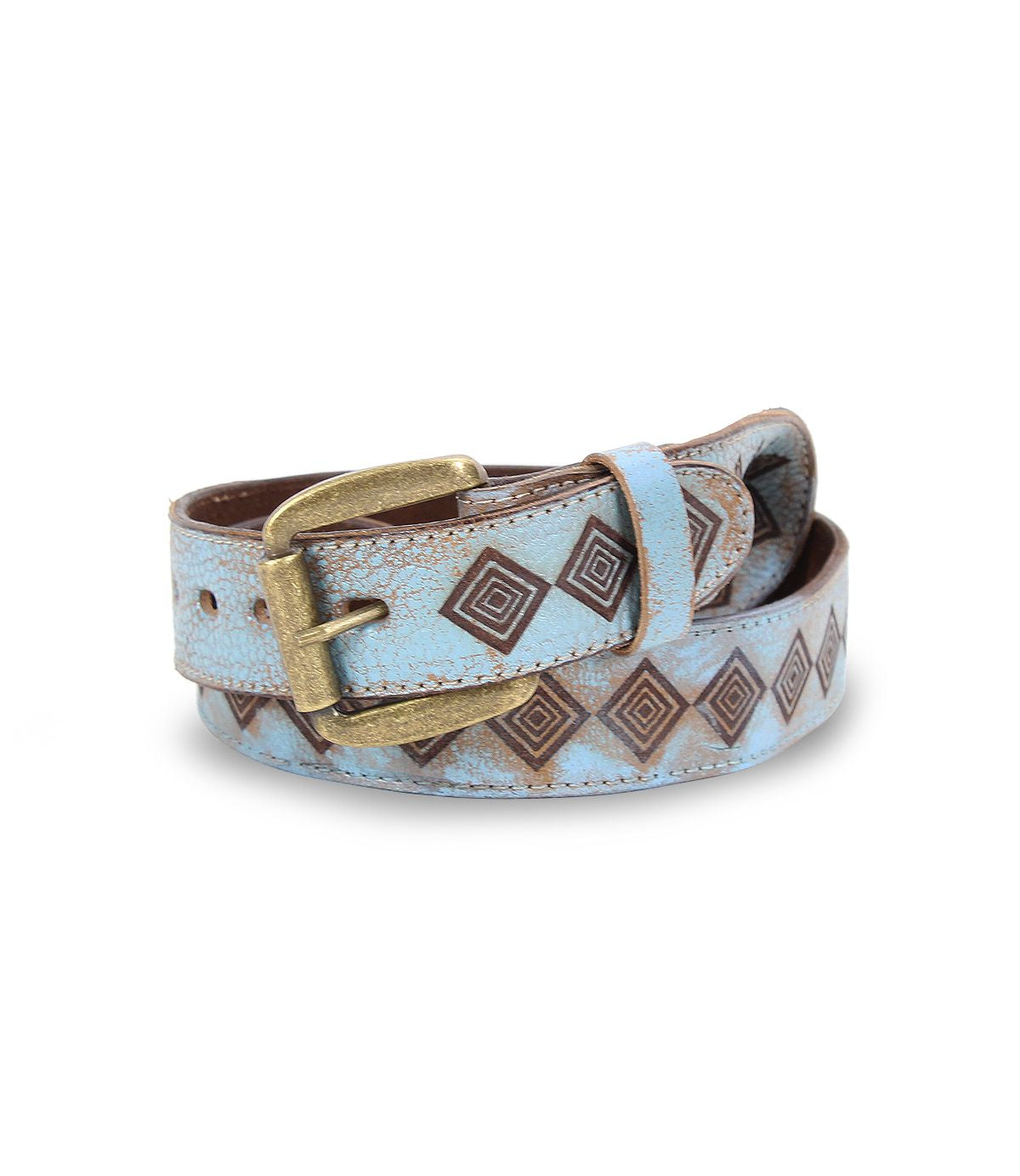The Roam belt by Bed|Stü is a rolled leather accessory featuring a tarnished brass buckle and a striking blue and brown diamond pattern inspired by geometric motifs and western artistry.