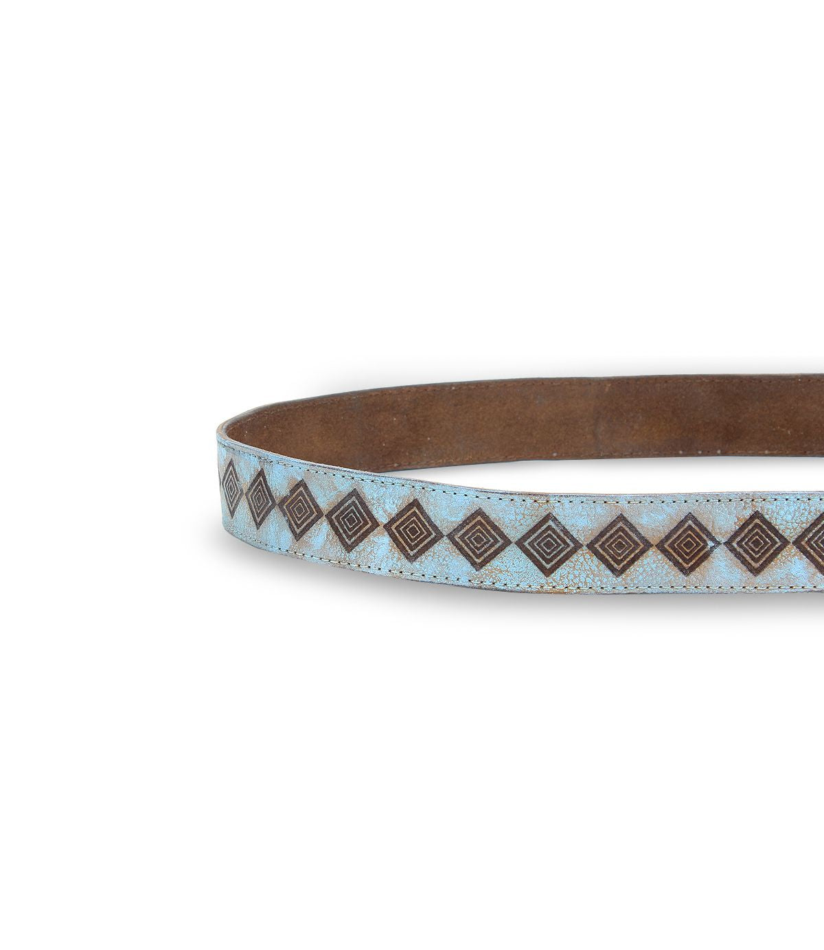 Featuring the Roam leather strap by Bed|Stü, this section highlights a rich brown leather set against a light blue backdrop, adorned with a repeating pattern of dark brown diamond shapes—showcasing striking geometric designs that channel subtle western artistry.