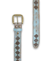 The Bed|Stü Roam belt features a light blue leather strap adorned with a brass buckle and a brown geometric diamond pattern, highlighting intricate western artistry and geometric designs. The belt is displayed from front and side angles on a white background.