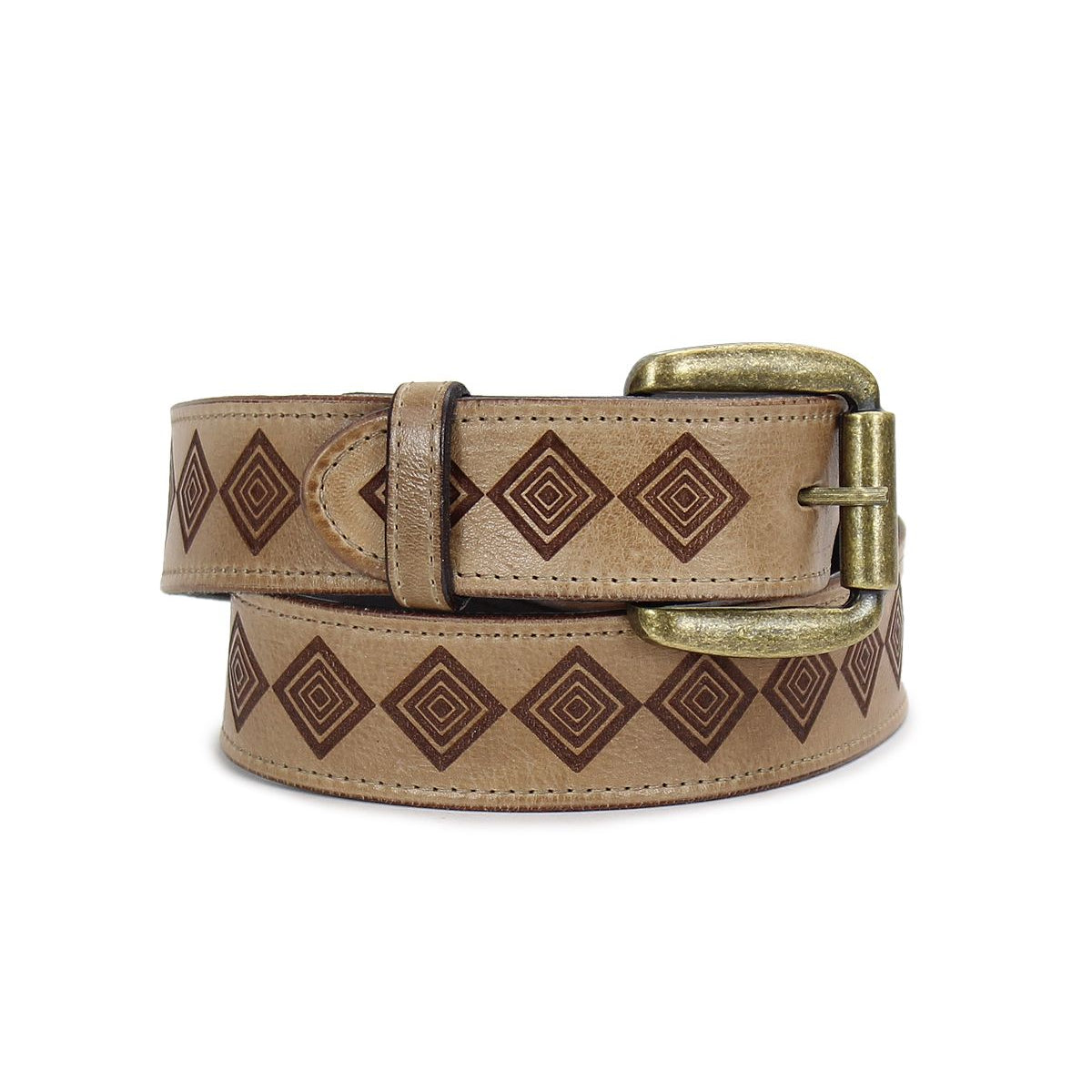 The Roam belt by Bed|Stü features a tan leather strap adorned with a repeating diamond pattern and finished with a brass buckle, drawing inspiration from classic western artistry and refined geometric motifs.