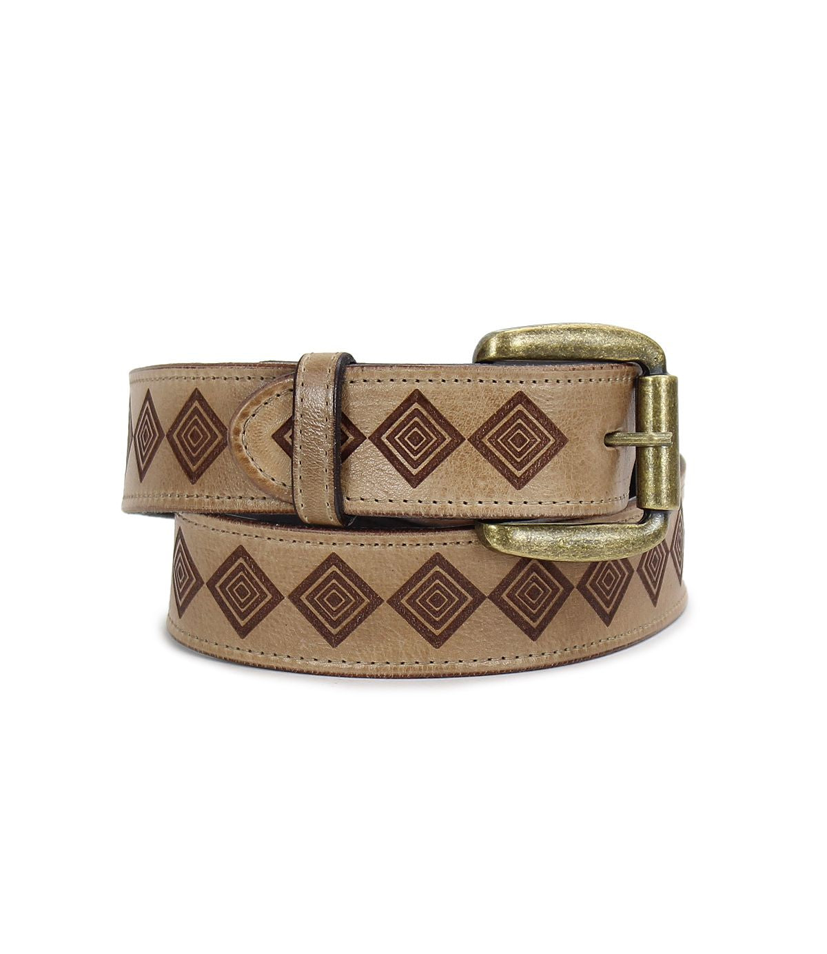 The Roam belt by Bed|Stü features a tan leather strap adorned with a repeating diamond pattern and finished with a brass buckle, drawing inspiration from classic western artistry and refined geometric motifs.