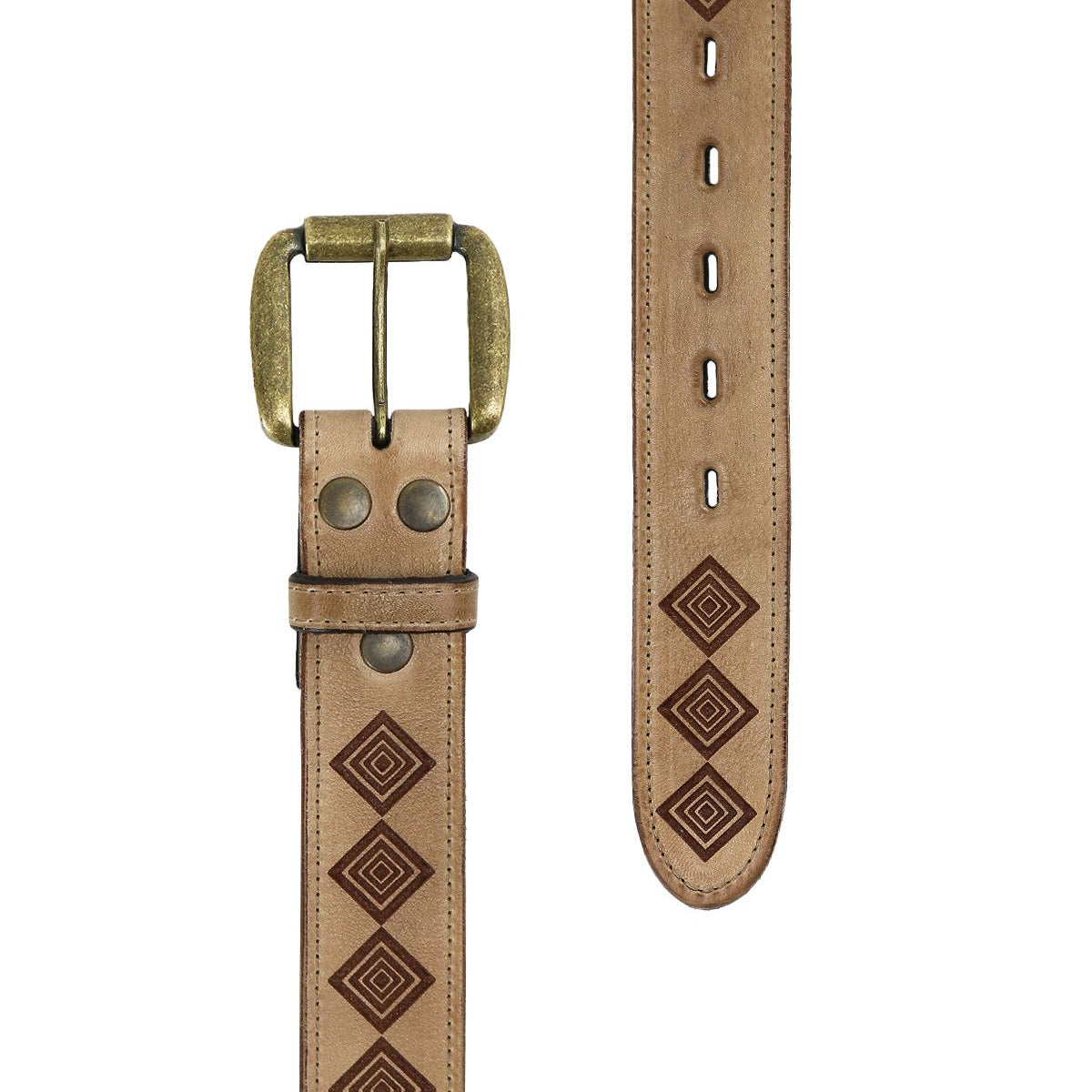 Introducing the Roam by Bed|Stü—a tan leather strap belt featuring an antique brass buckle and detailed geometric engravings along its length, capturing a hint of western artistry. Multiple adjustment holes ensure a customizable fit.