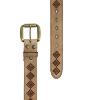 Introducing the Roam by Bed|Stü—a tan leather strap belt featuring an antique brass buckle and detailed geometric engravings along its length, capturing a hint of western artistry. Multiple adjustment holes ensure a customizable fit.