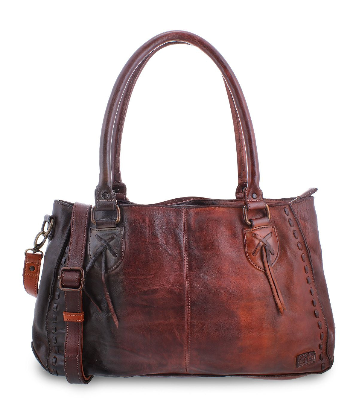 The Rockaway by Bed|Stü is a brown full-grain leather handbag featuring dual top handles, an adjustable shoulder strap, decorative stitching, and a side buckle detail for everyday function.