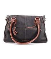 A compact Rockababy black leather everyday bag with Bed Stu brown straps.