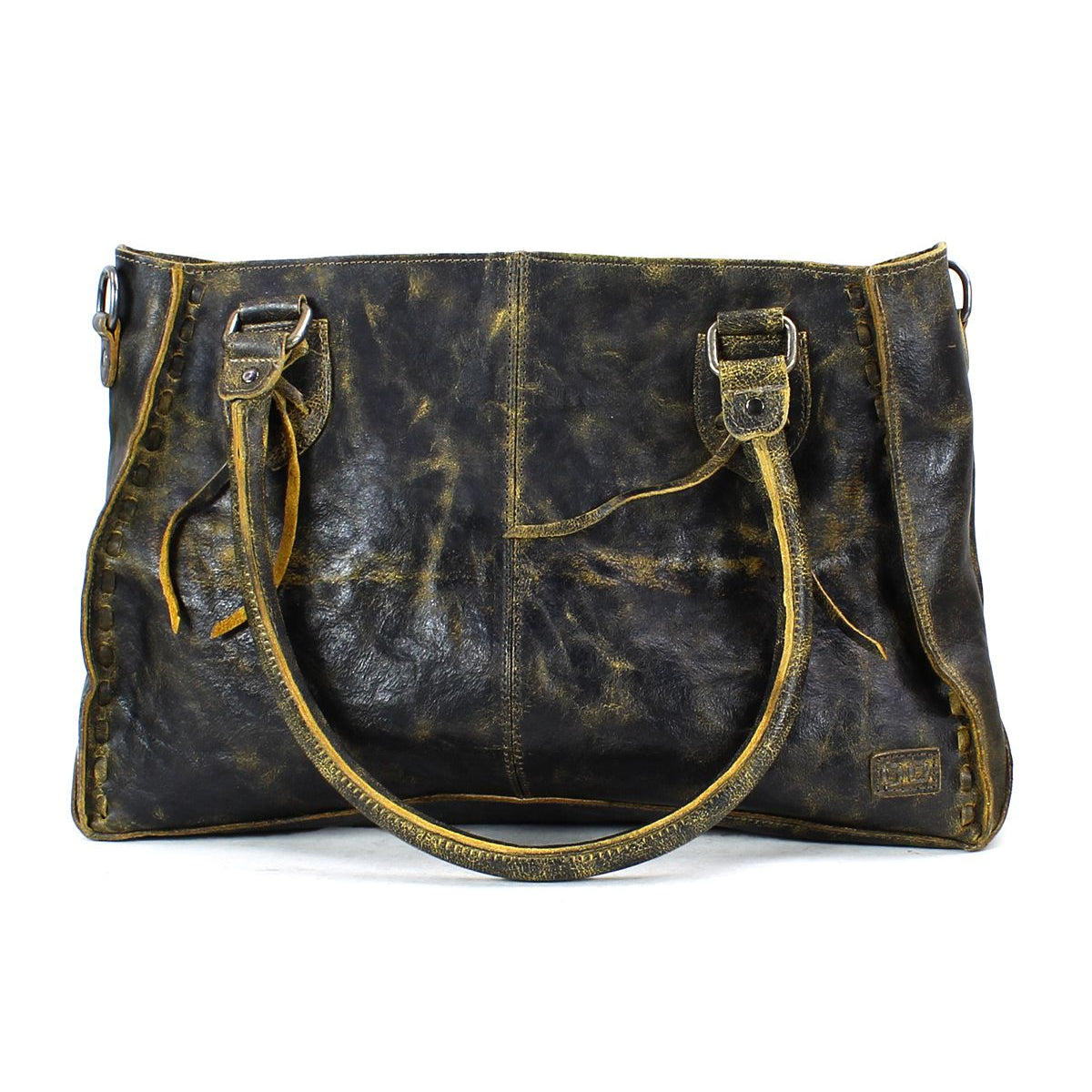 The Rockababy by Bed|Stü is a compact leather bag in distressed dark brown, crafted from vegetable-tanned leather with dual handles and subtle stitching, photographed against a white background.