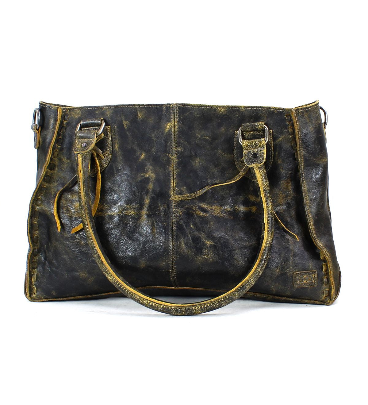 The Rockababy by Bed|Stü is a compact leather bag in distressed dark brown, crafted from vegetable-tanned leather with dual handles and subtle stitching, photographed against a white background.