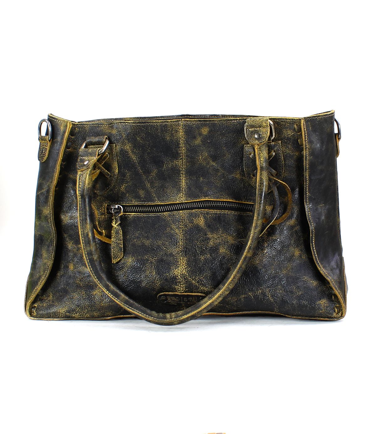 The Rockababy by Bed|Stü is a distressed black compact leather bag, crafted from vegetable-tanned leather, featuring two handles and a front zipper pocket, shown against a white background.