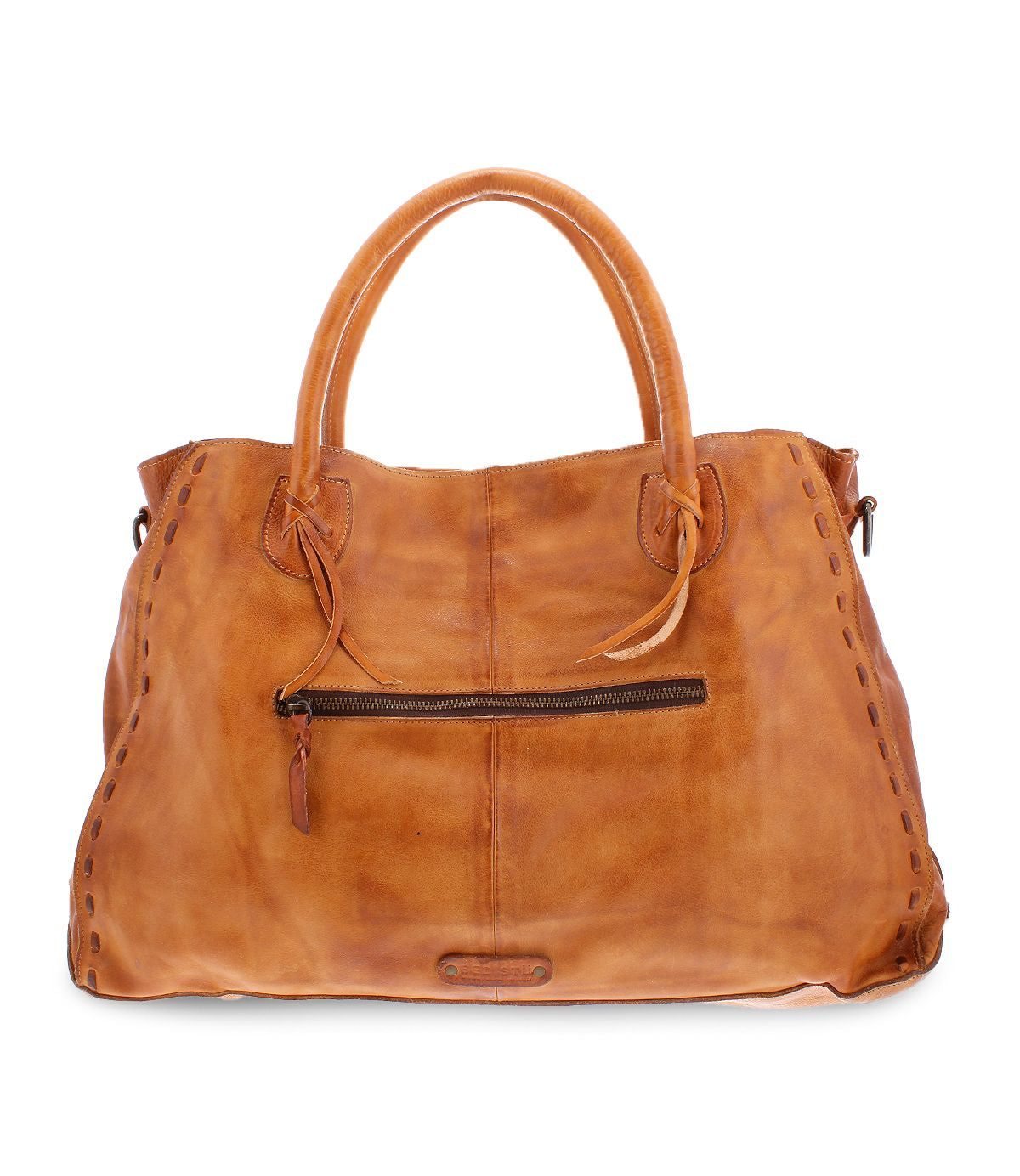 The Rockaway by Bed|Stü is a spacious brown full-grain leather handbag featuring dual handles, a prominent front zipper pocket, and stitched side detailing—expertly crafted for everyday use.
