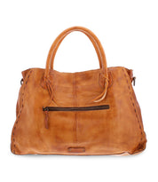 The Rockaway by Bed|Stü is a spacious brown full-grain leather handbag featuring dual handles, a prominent front zipper pocket, and stitched side detailing—expertly crafted for everyday use.