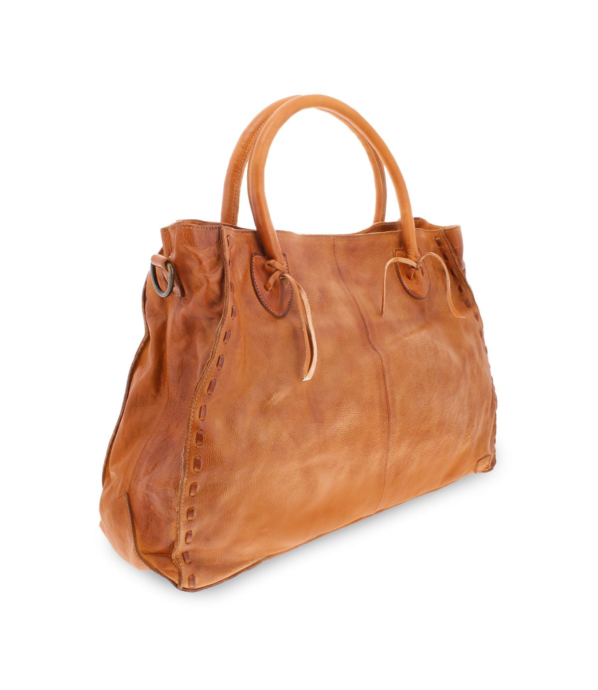 The Rockaway by Bed|Stü is a spacious tan handbag made from full-grain leather, featuring rounded handles and detailed side stitching, beautifully displayed at a three-quarter angle on a plain white background—an ideal fusion of timeless style and everyday practicality.