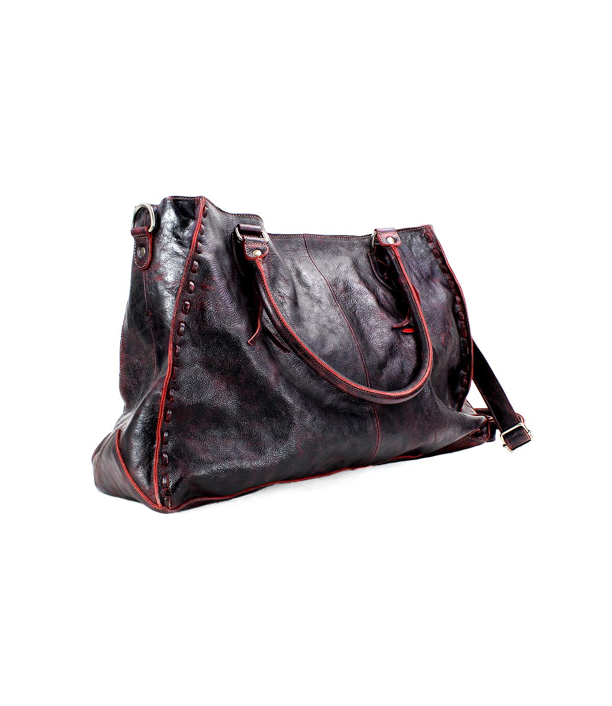 The Bed|Stü Rockaway is a black full-grain leather tote bag featuring red trim, silver hardware, two handles, and a detachable shoulder strap—thoughtfully designed for everyday use and showcased against a white background.