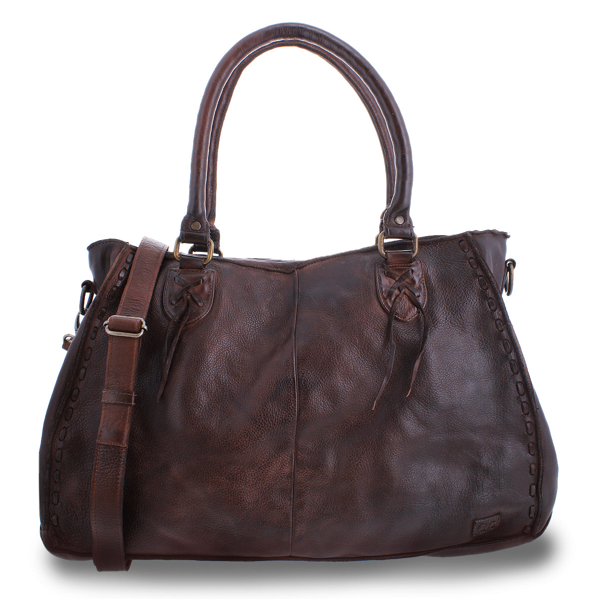 The Bed|Stü Rockaway is a dark brown handbag crafted from full-grain leather, featuring two handles and a detachable shoulder strap for everyday function, shown against a white background.