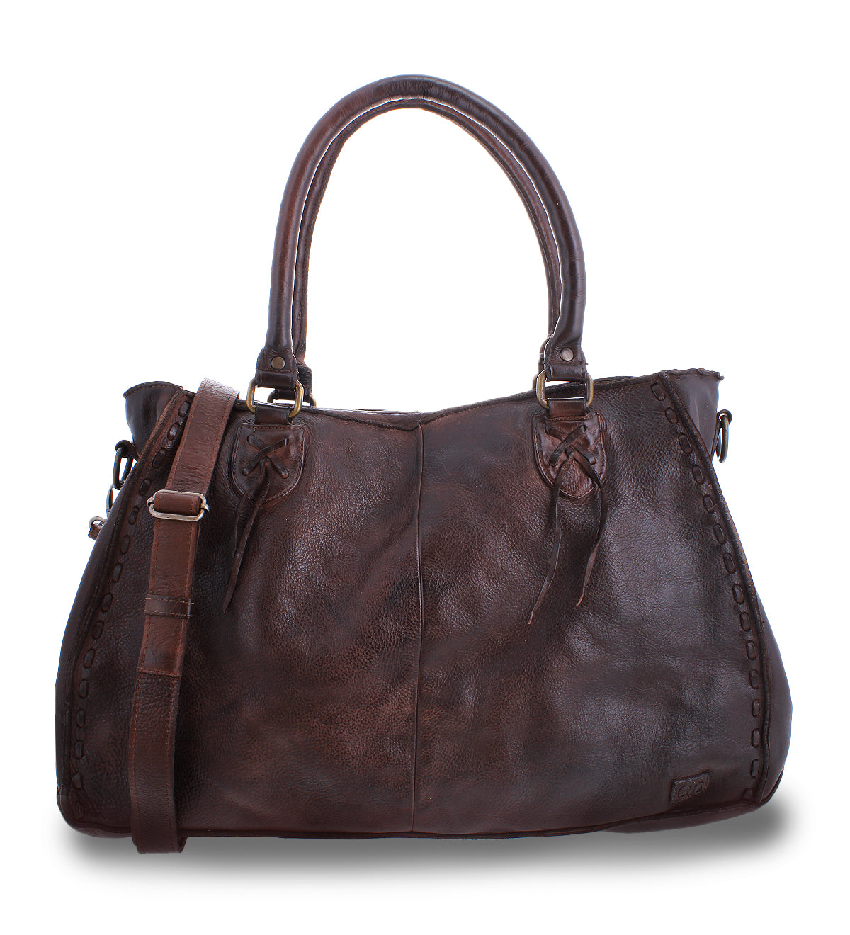 The Bed|Stü Rockaway is a dark brown handbag crafted from full-grain leather, featuring two handles and a detachable shoulder strap for everyday function, shown against a white background.