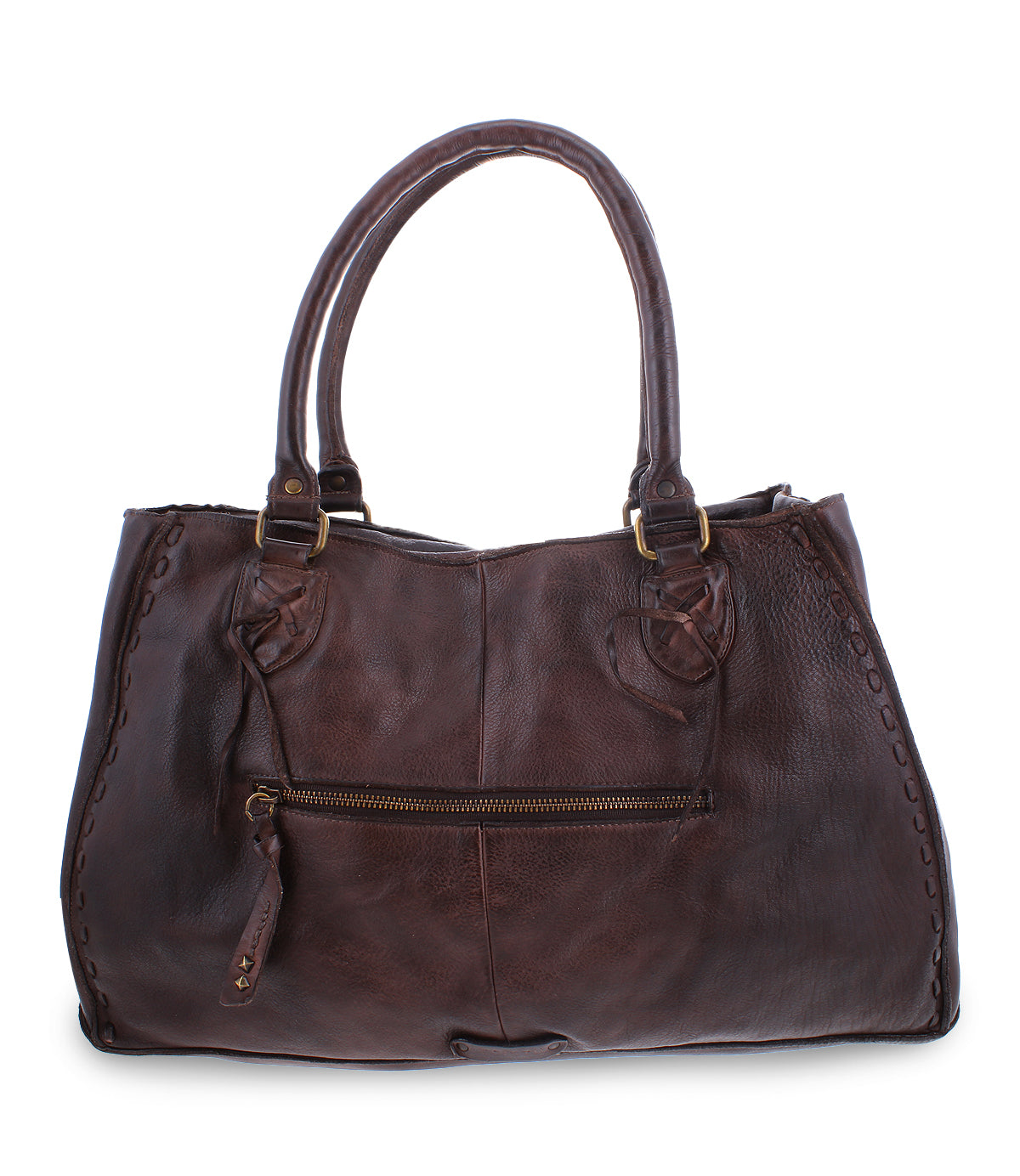 The Bed|Stü Rockaway is a dark brown full-grain leather handbag featuring double handles, a front zipper pocket, and stitched edge detailing for everyday function, shown against a white background.