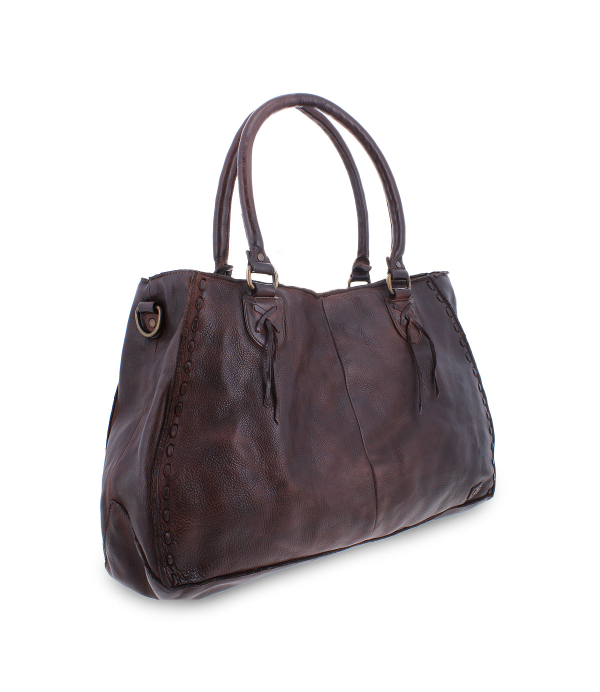 The Bed|Stü Rockaway is a dark brown full-grain leather handbag featuring dual handles, decorative side stitching, and a slightly textured finish, designed for everyday functionality and displayed against a plain white background.