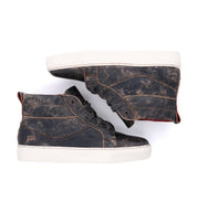 The Bed|Stü Rossela is a pair of comfortable high-top leather sneakers with distressed dark brown uppers, white rubber soles, and dark laces, shown from side and top views.