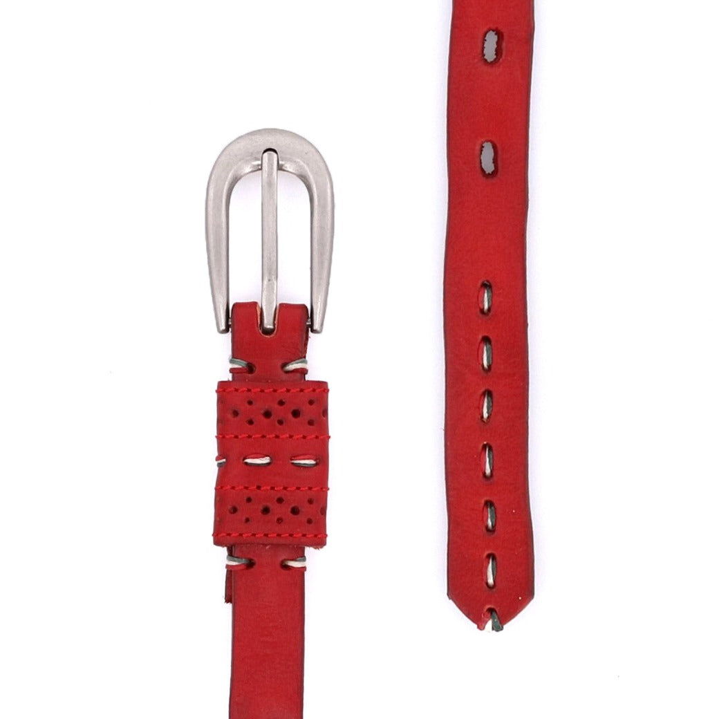 Bed|Stü’s Ruby belt features smooth red leather adorned with subtle contrast stitching, gleaming metal buckle, and perforated detailing. Displayed both coiled and straightened on a white background.