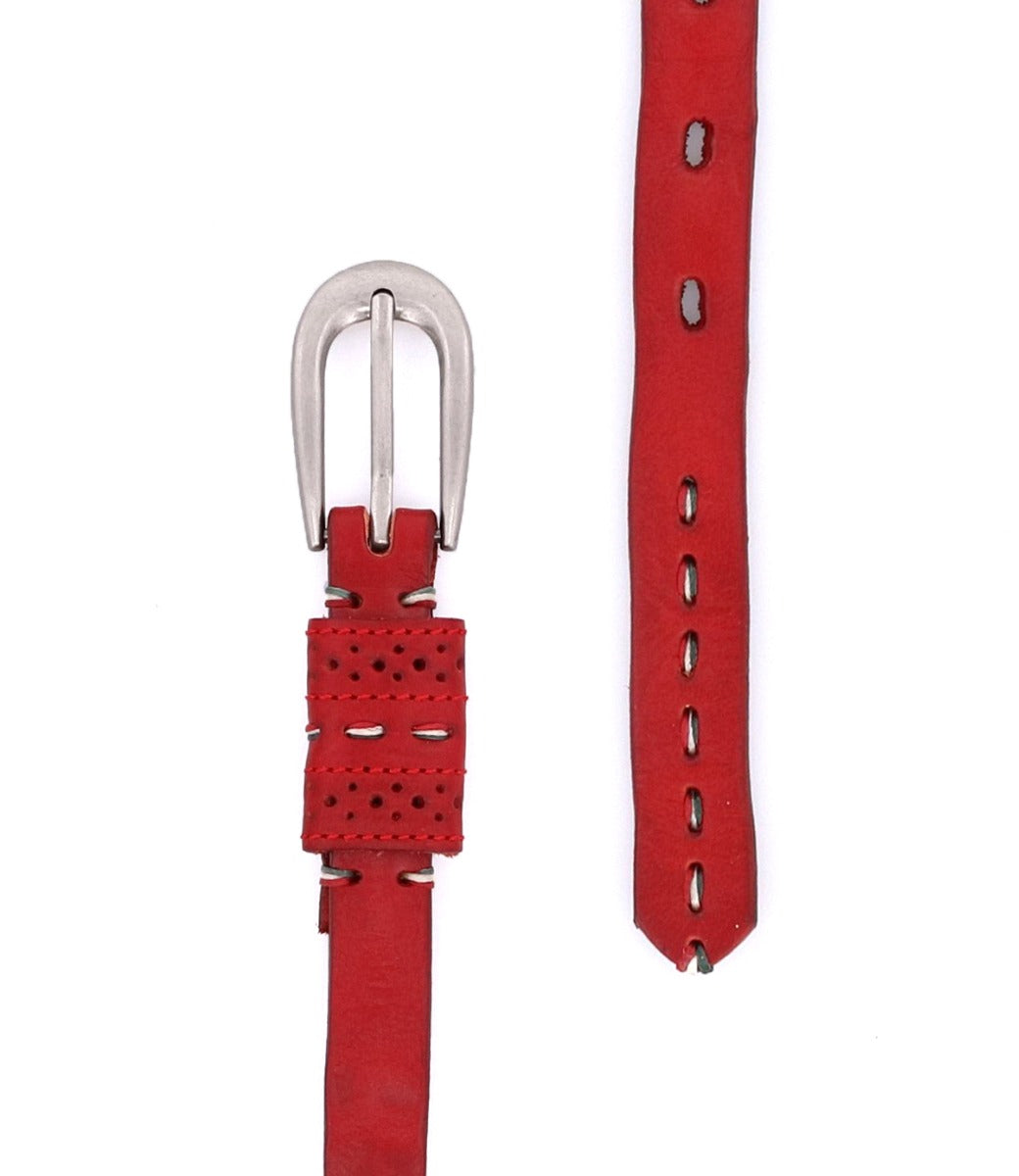 Bed|Stü’s Ruby belt features smooth red leather adorned with subtle contrast stitching, gleaming metal buckle, and perforated detailing. Displayed both coiled and straightened on a white background.