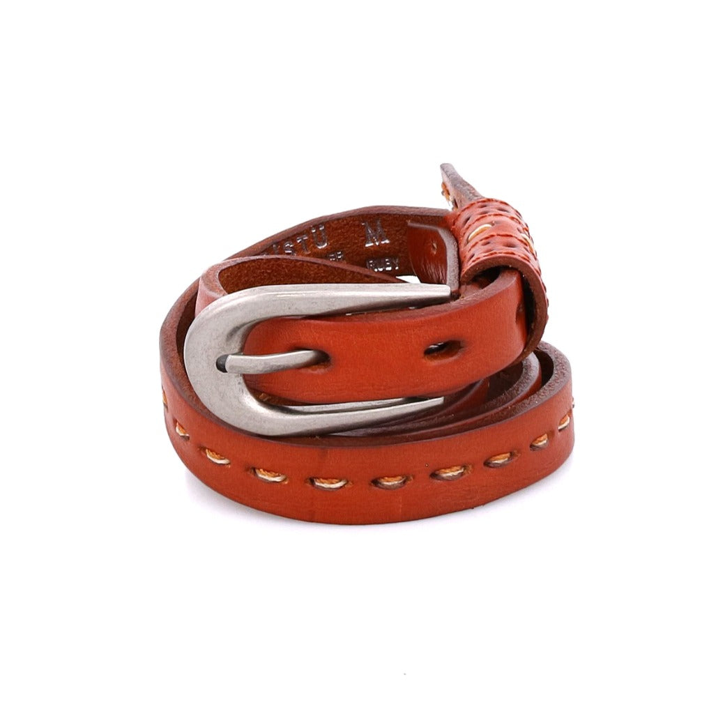 Introducing the Ruby by Bed|Stü: a coiled brown leather belt featuring contrast stitching and a silver metal buckle, showcased against a white background.