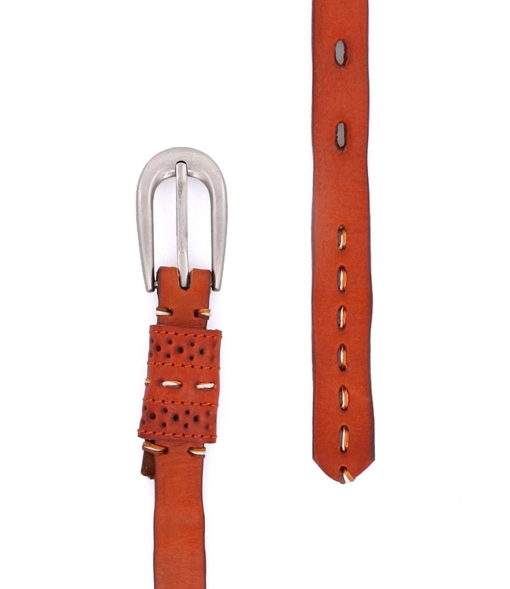 The Bed|Stü Ruby is a brown smooth leather belt featuring a metal buckle, decorative perforations, and visible contrast stitching along its length, displayed partly rolled and partly laid flat.