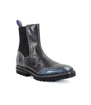 Introducing Salatiel by Bed|Stü—a black and blue Chelsea boot featuring elastic side panels, a back pull tab, and a rugged, textured outsole for enhanced grip. Designed with a cushioned leather footbed for added comfort, this stylish boot is showcased against a white background.