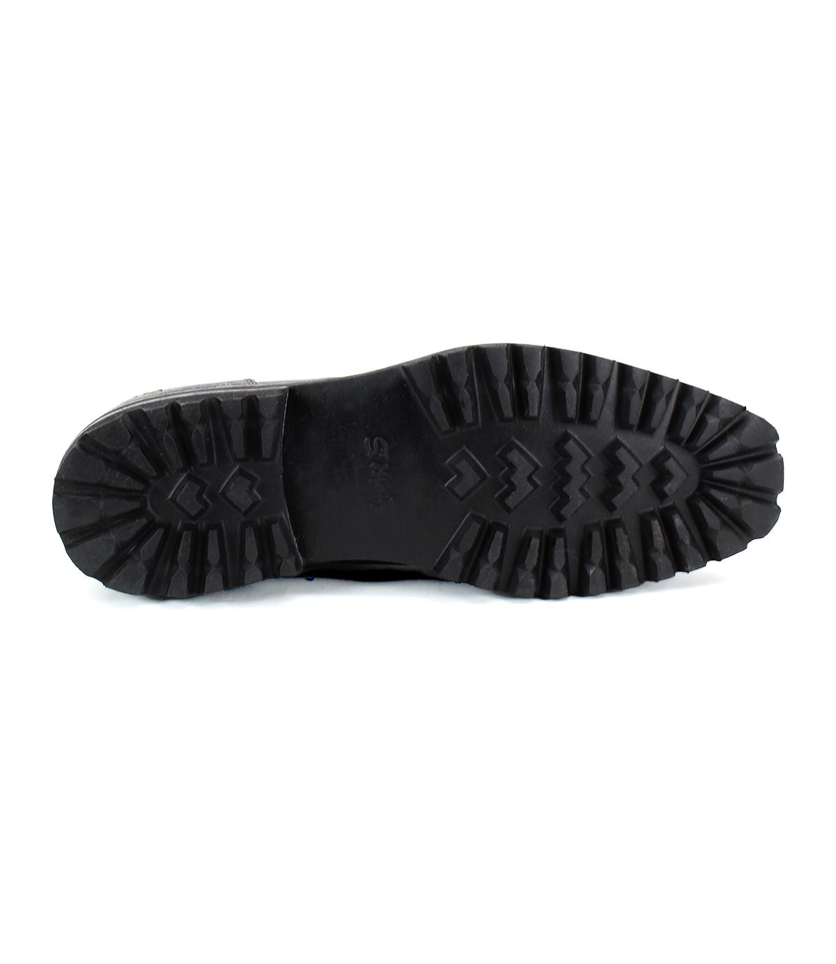 The image displays the black rubber sole of the Bed|Stü Salatiel Chelsea boot, featuring deep, rugged treads and a textured outsole, viewed from the bottom against a white background.