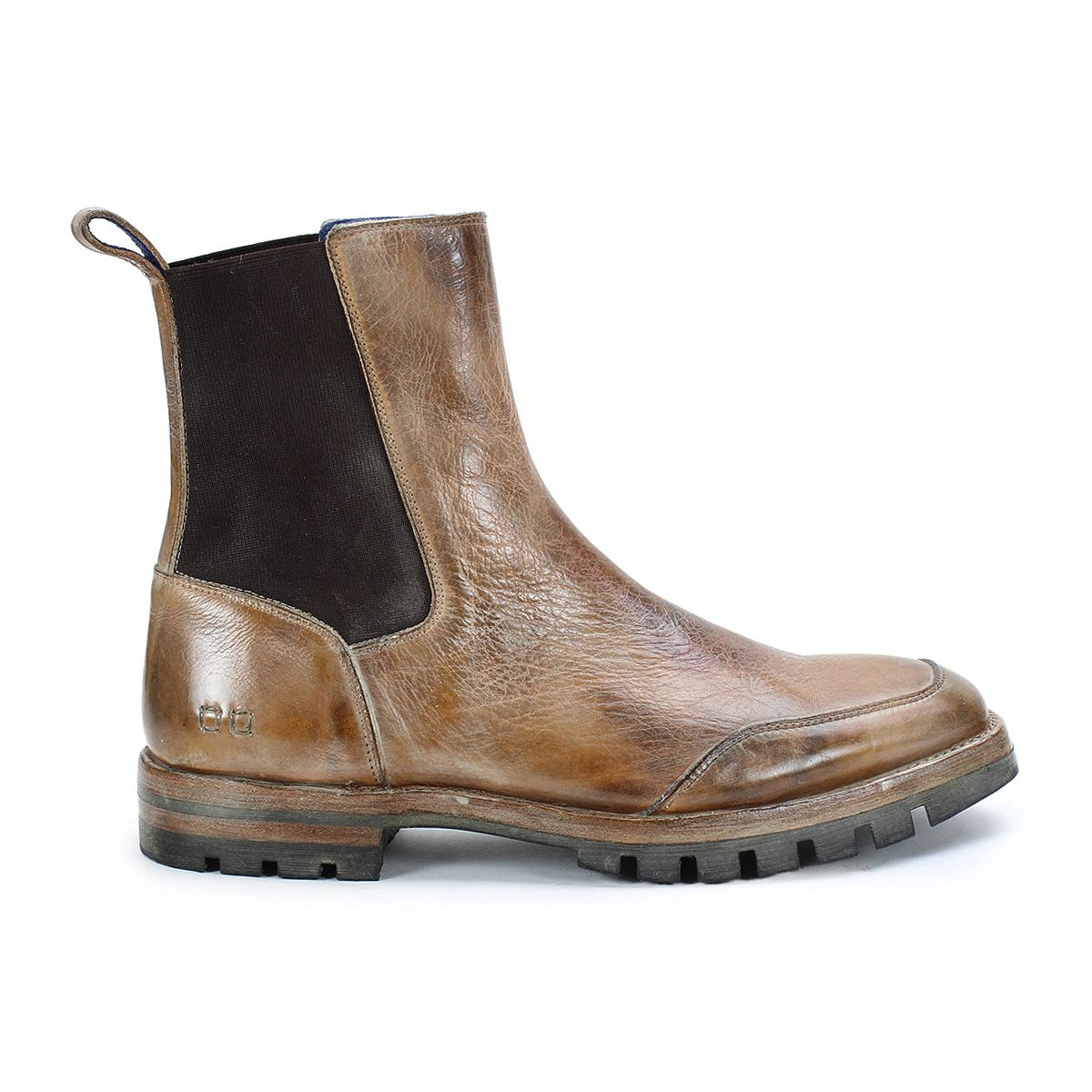 The Bed|Stü Salatiel is a brown leather Chelsea boot featuring black elastic side panels, a rear pull tab, and a chunky lug sole with a textured outsole, shown in profile facing left.
