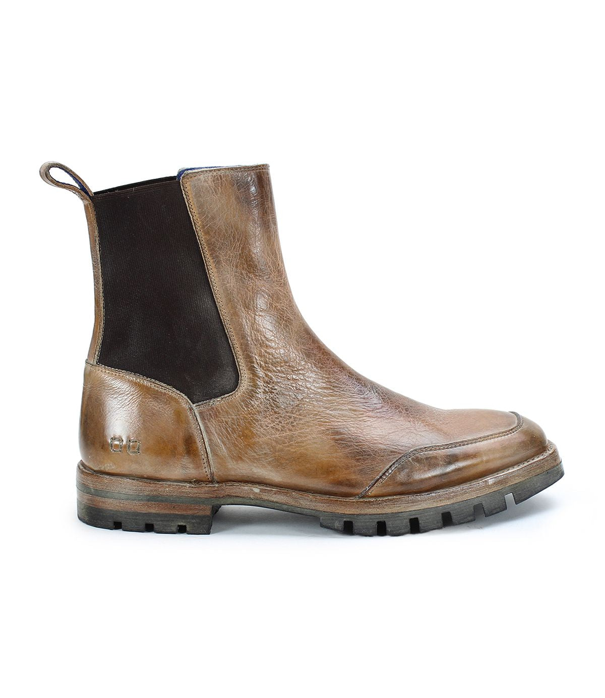 The Bed|Stü Salatiel is a brown leather Chelsea boot featuring black elastic side panels, a rear pull tab, and a chunky lug sole with a textured outsole, shown in profile facing left.