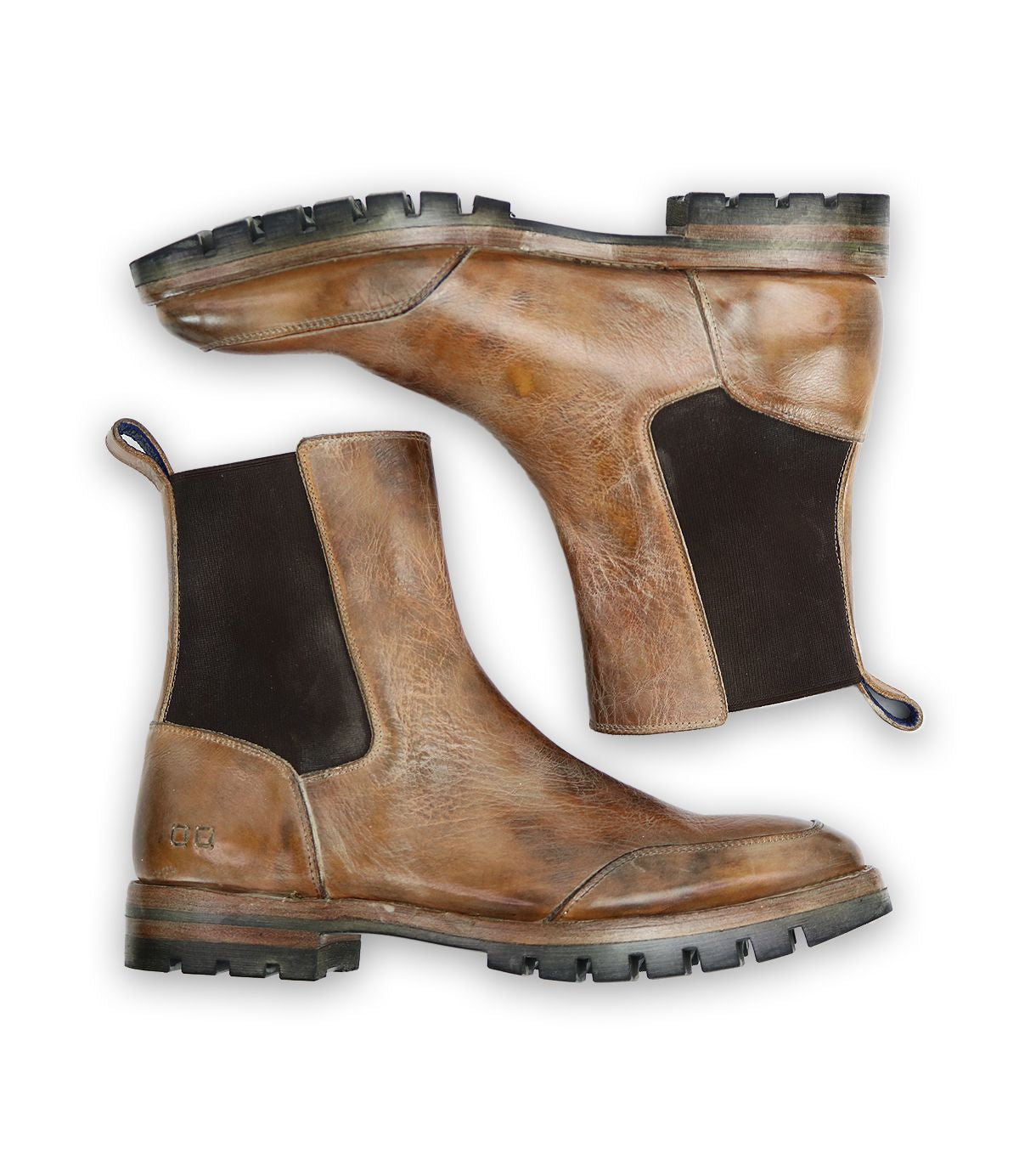 A pair of Bed|Stü Salatiel brown leather Chelsea boots with dark elastic side panels and rugged black soles, featuring a cushioned leather footbed for added comfort, shown from the side on a white background.