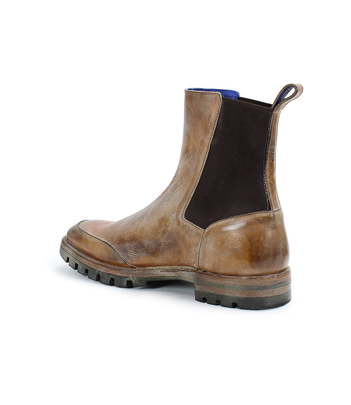 Introducing the Salatiel by Bed|Stü—a brown leather Chelsea boot featuring elastic side panels, a convenient pull tab at the back, and a rugged, textured outsole that offers enhanced grip. The cushioned leather footbed provides all-day comfort. Presented in a three-quarter rear view on a white background.