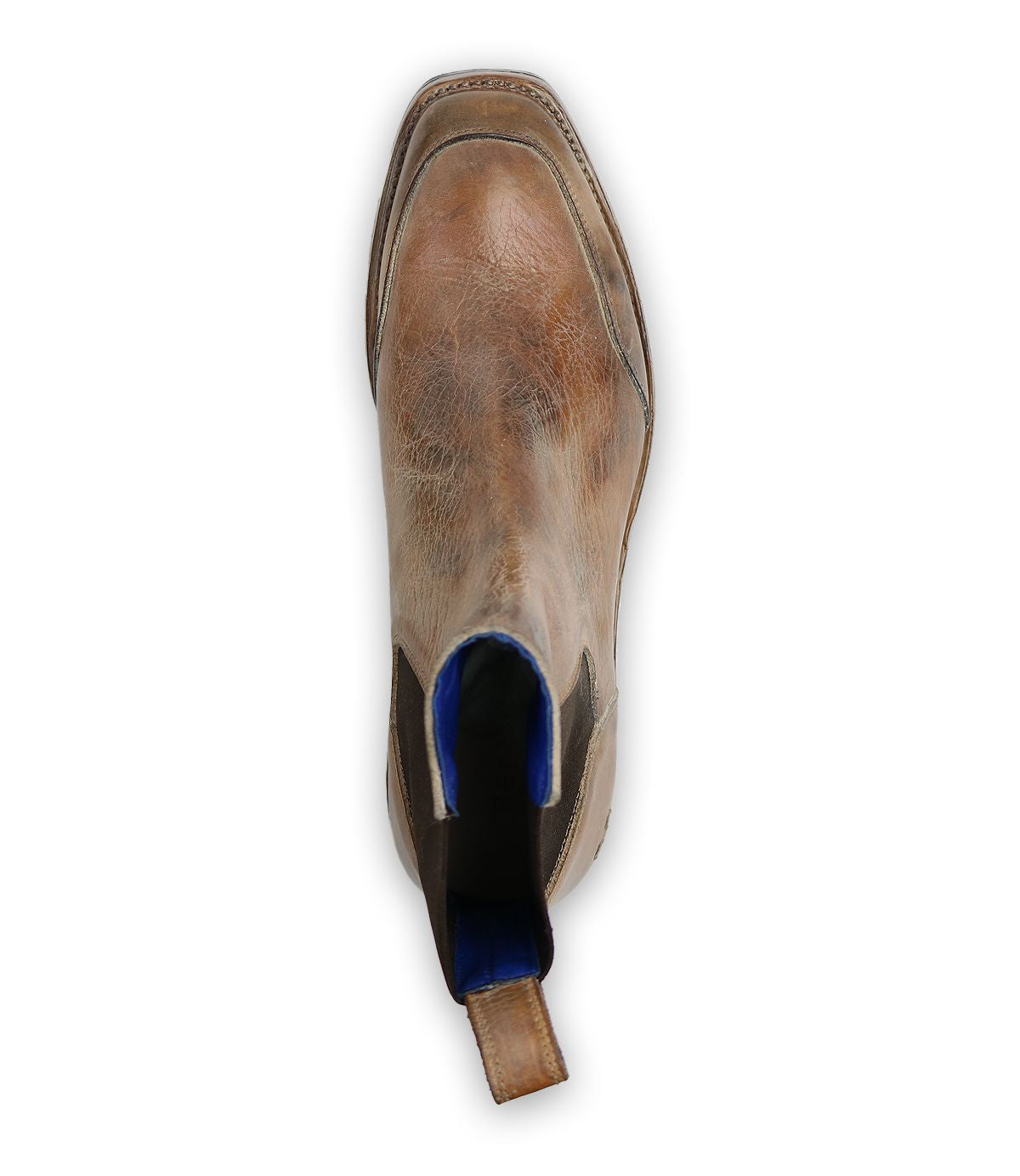 Top view of a single Salatiel Chelsea boot by Bed|Stü, featuring visible stitching, elastic side panels, a pull tab at the back, and a cushioned leather footbed for added comfort. The textured outsole ensures reliable traction.
