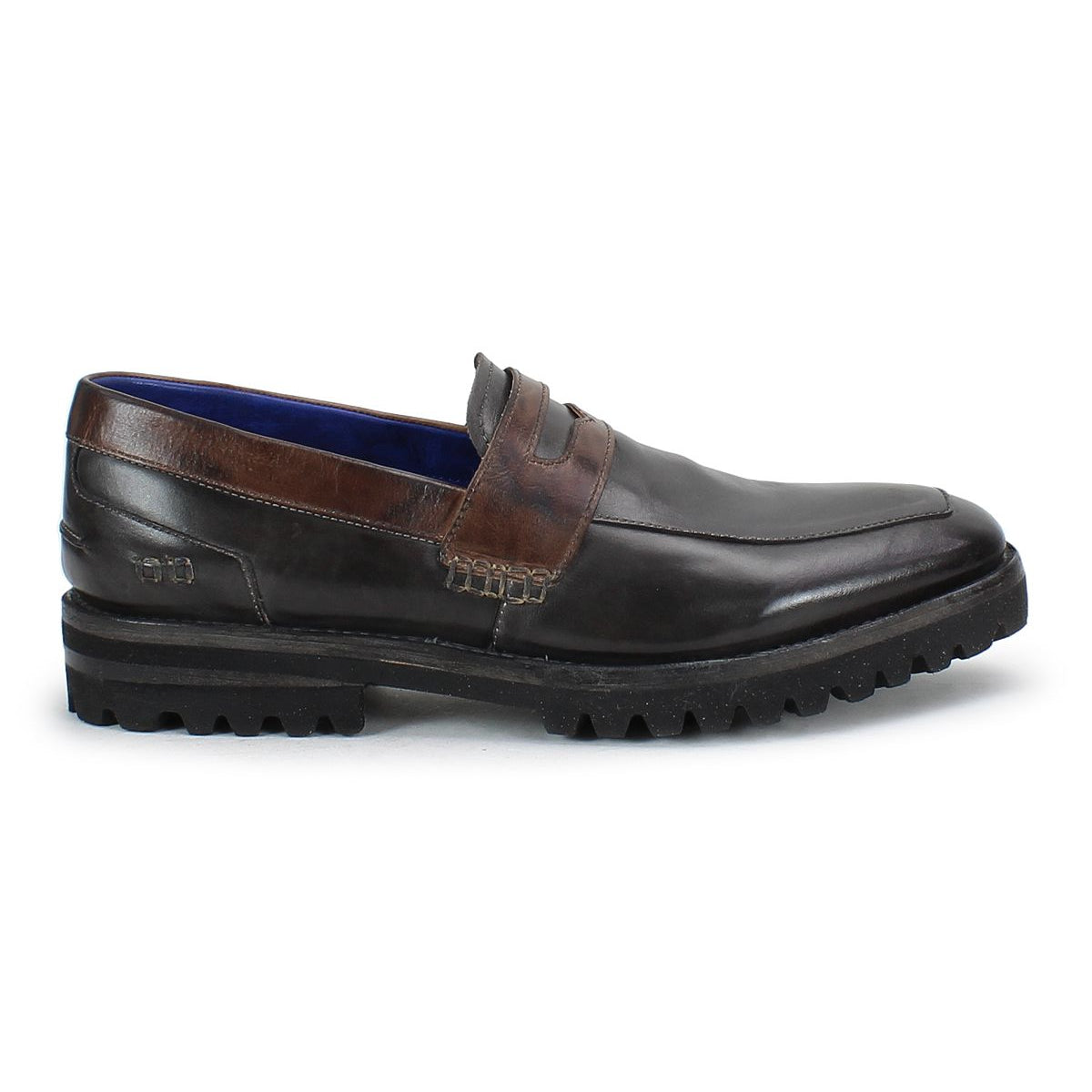 A dark brown leather men's penny loafer, the Samosa by Bed|Stü, features a low heel, rugged black sole, and visible stitching, photographed from the side on a white background.