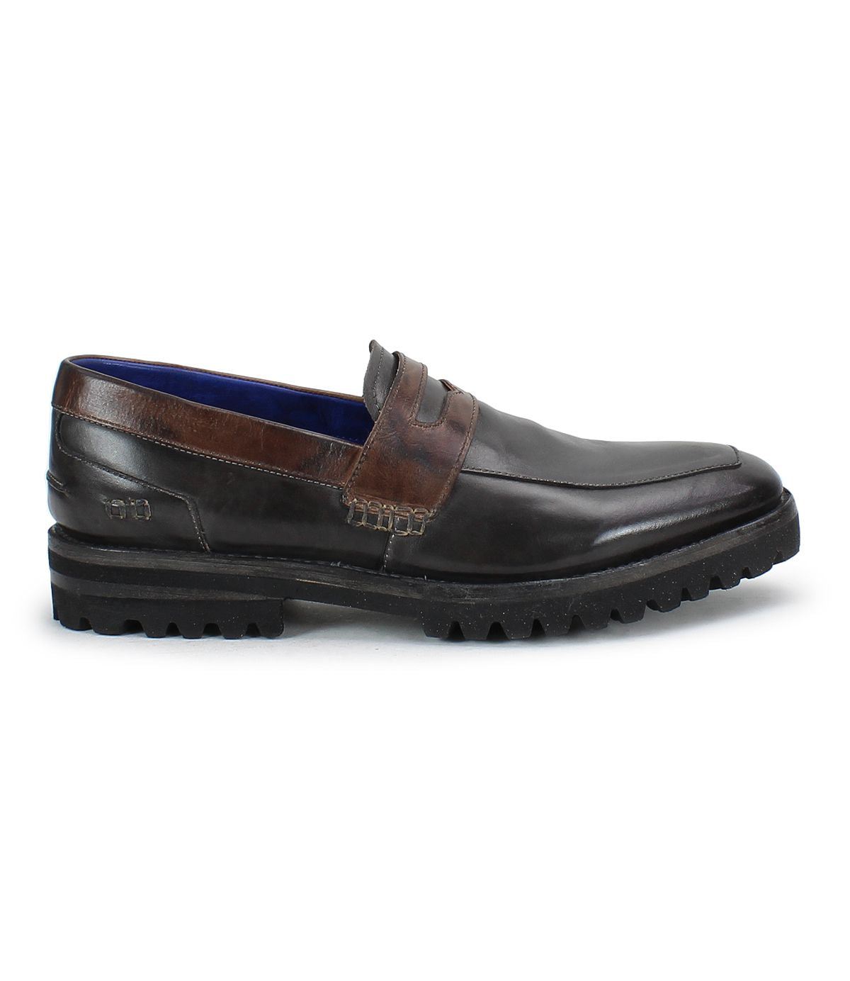 A dark brown leather men's penny loafer, the Samosa by Bed|Stü, features a low heel, rugged black sole, and visible stitching, photographed from the side on a white background.