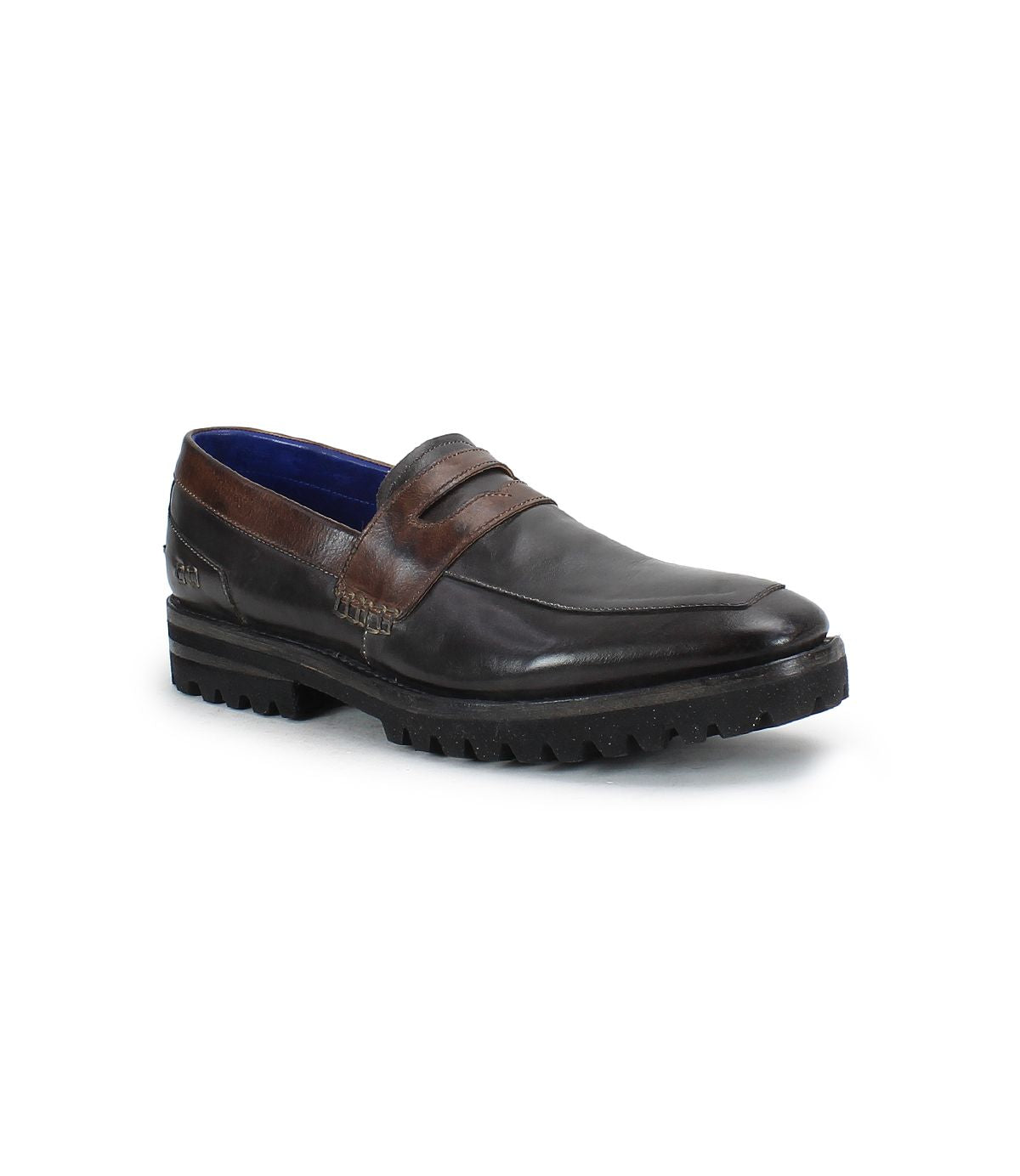 A dark brown leather men's penny loafer called "Samosa" by Bed|Stü, featuring a penny strap and chunky black rubber sole, shown angled to display the outer side and front.