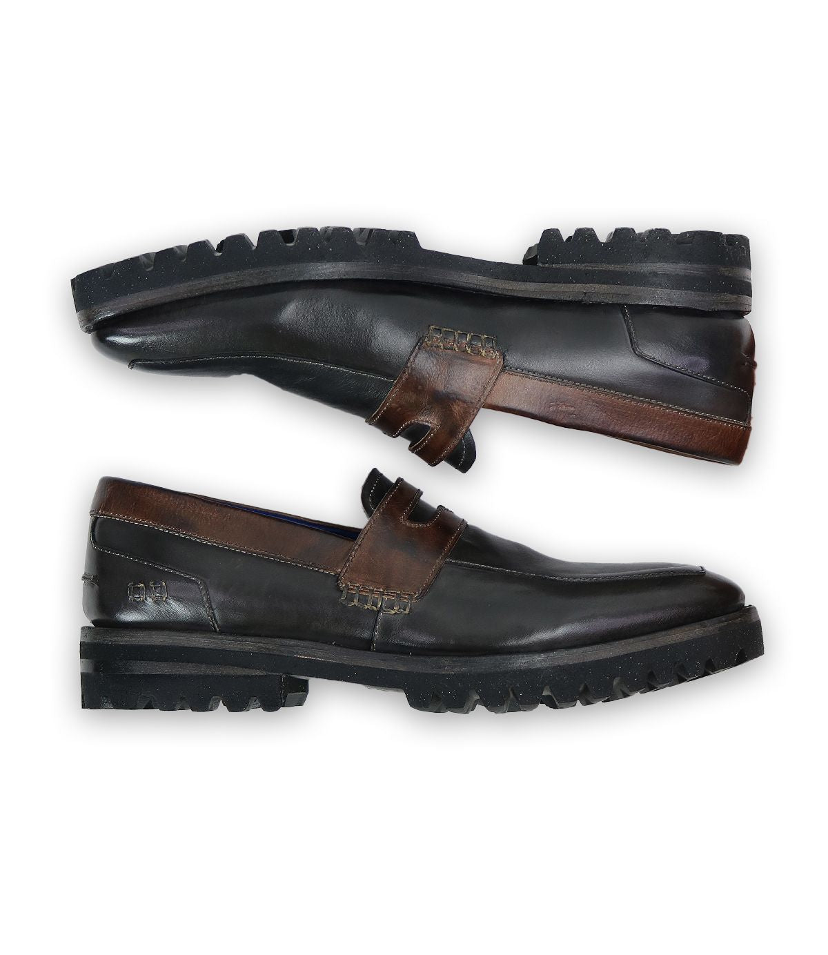 Two Samosa loafers by Bed|Stü in black and brown leather, featuring rugged black soles and a classic loafer design, are placed parallel to each other on a white background.