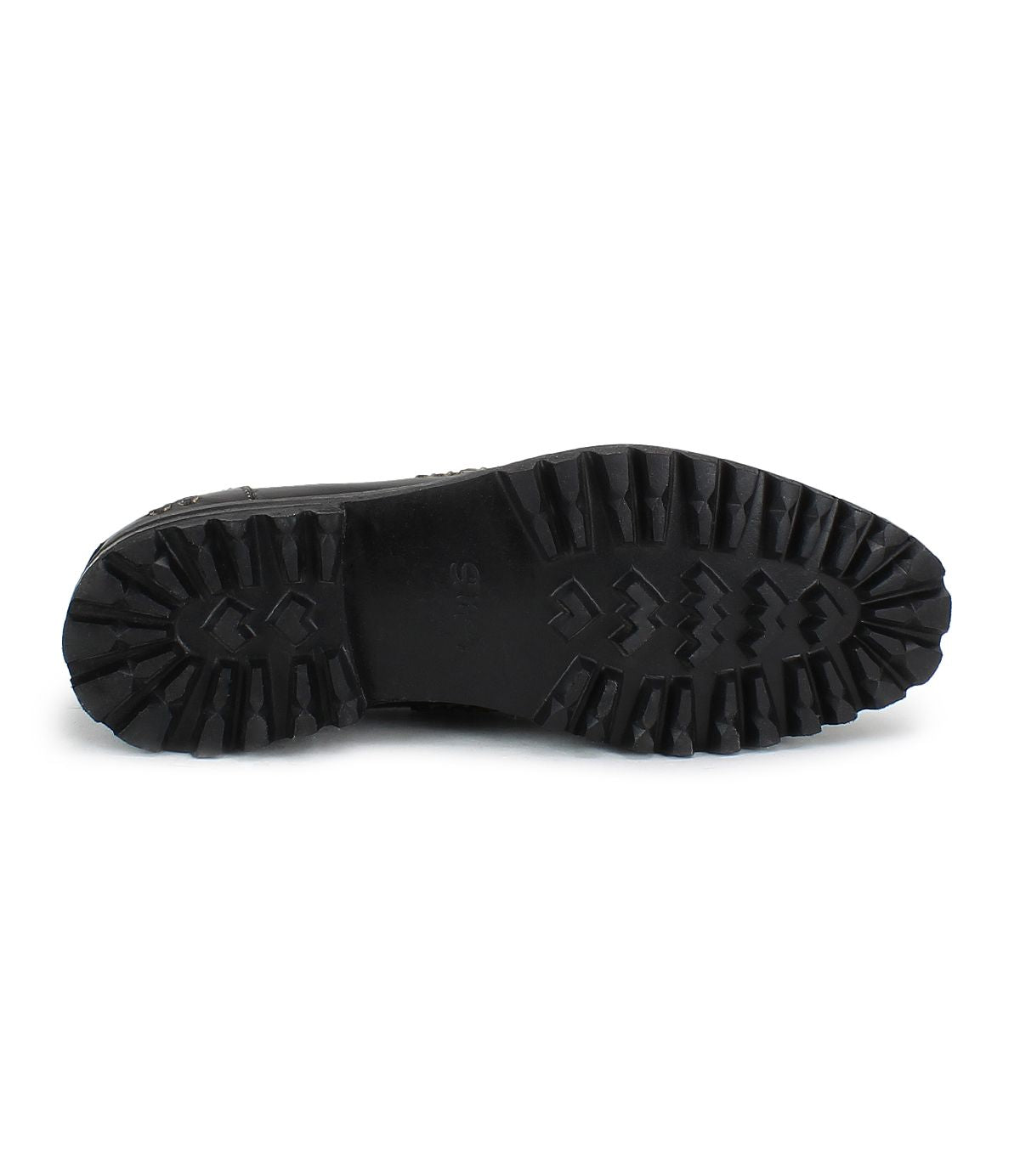 The bottom view of the Bed|Stü Samosa, a black classic loafer, showcases a thick, rugged rubber sole with deep treads for enhanced traction.