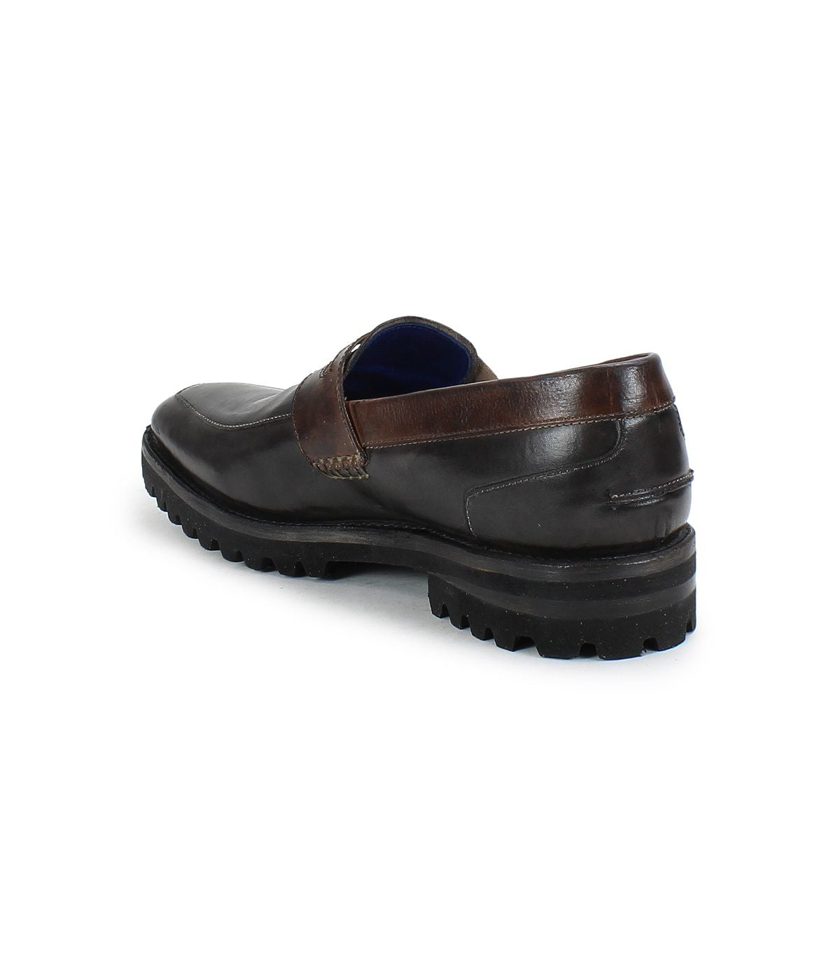A single Samosa men's penny loafer by Bed|Stü in dark brown, featuring a thick black sole, shown from a back side angle against a white background.