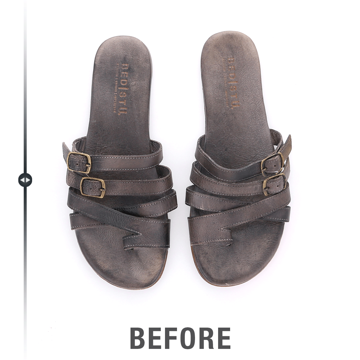 A pair of well-loved brown Bed|Stü sandals featuring multiple straps and buckles are placed side by side above the word "BEFORE" on a white background, suggesting they're ready for Sandal Restoration.
