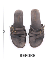 A pair of well-loved brown Bed|Stü sandals featuring multiple straps and buckles are placed side by side above the word "BEFORE" on a white background, suggesting they're ready for Sandal Restoration.