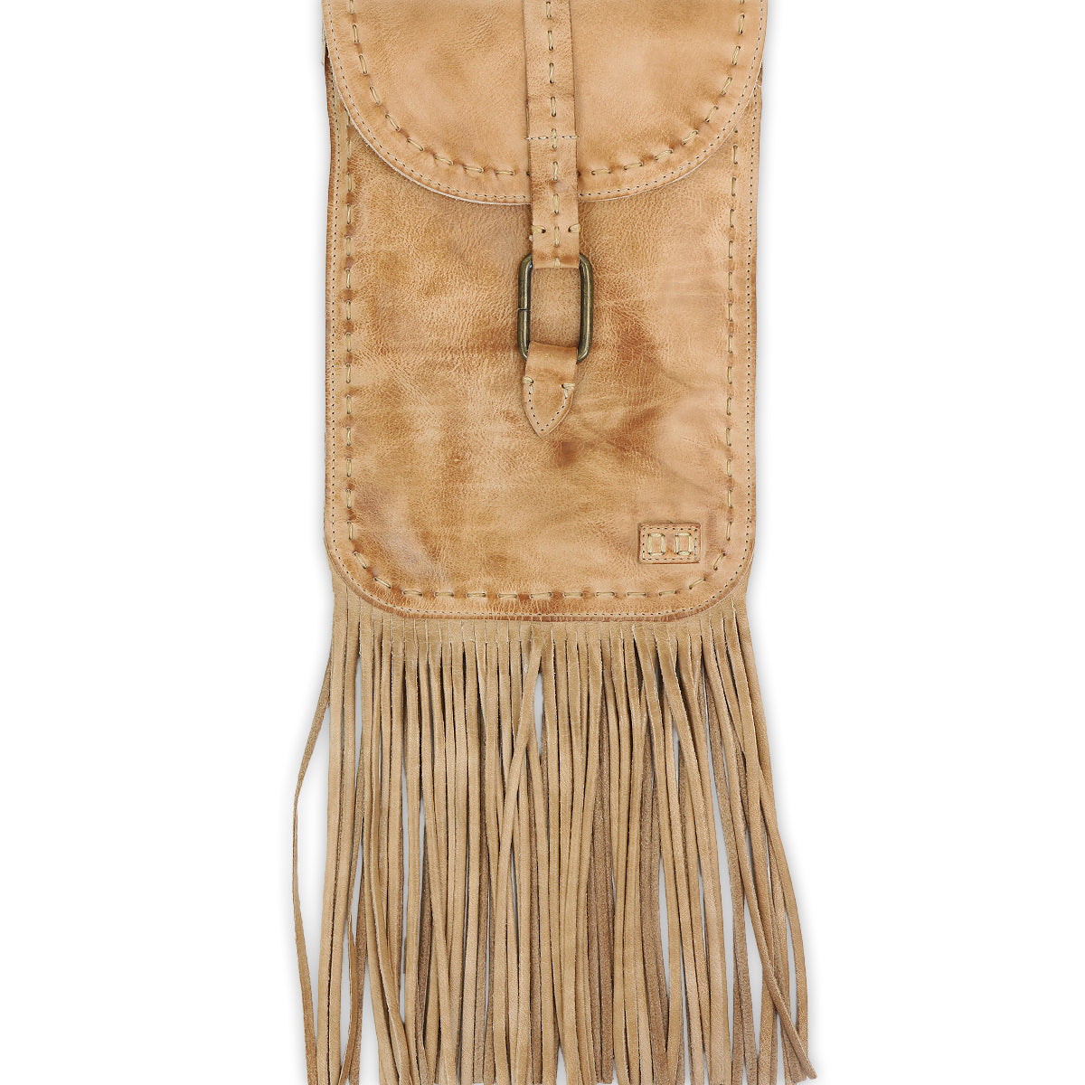 Handcrafted from vegetable-tanned leather, the Sandy Lane II crossbody bag by Bed|Stü features a tan hue, buckle closure, and decorative fringe along the bottom edge, shown against a white background.