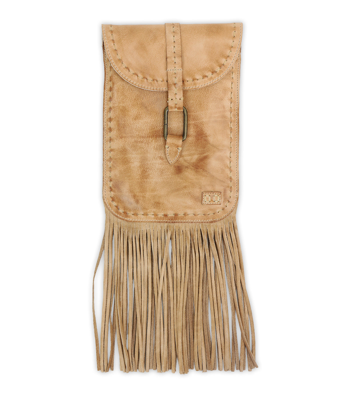 Handcrafted from vegetable-tanned leather, the Sandy Lane II crossbody bag by Bed|Stü features a tan hue, buckle closure, and decorative fringe along the bottom edge, shown against a white background.