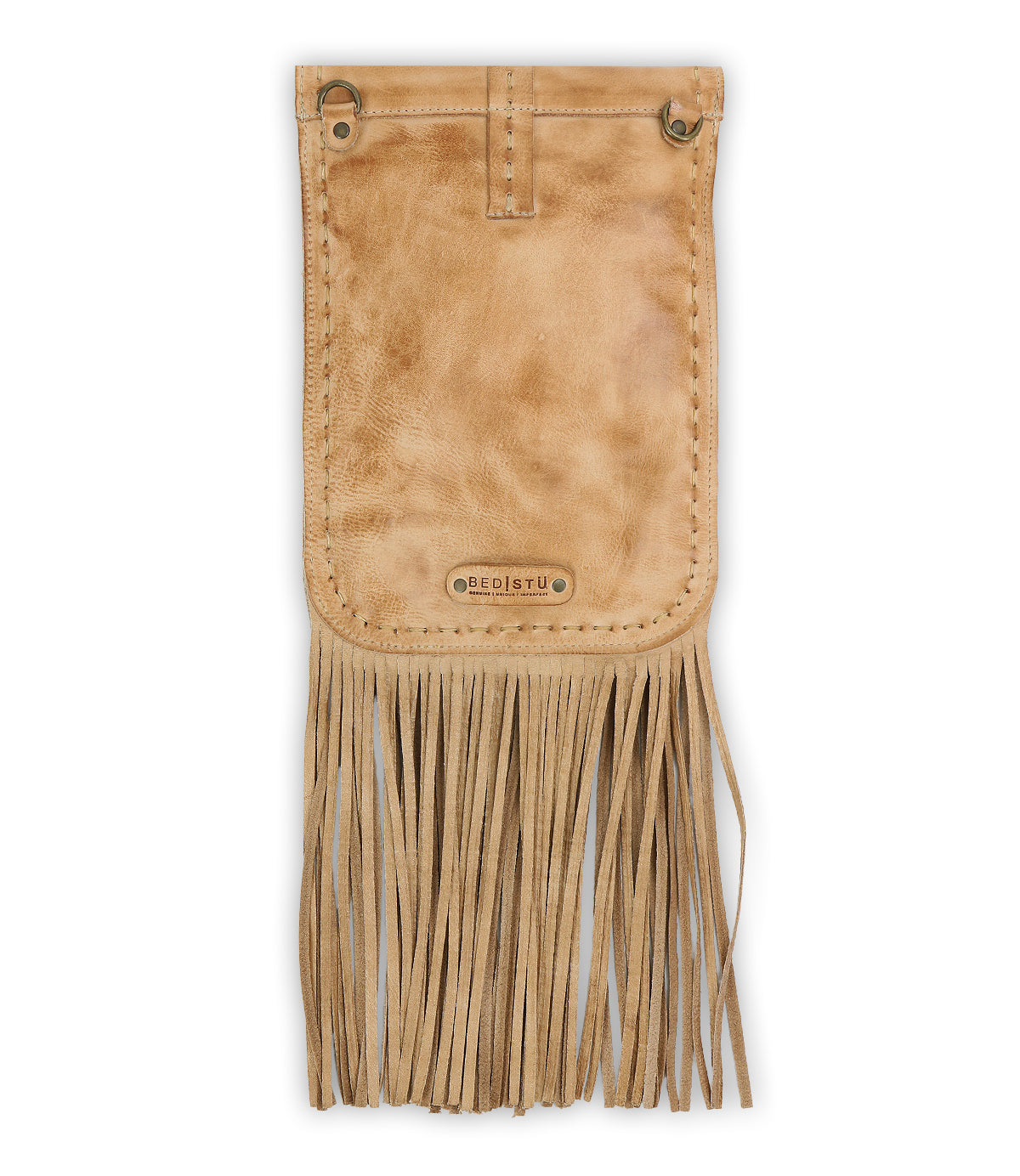 Introducing the Sandy Lane II crossbody by Bed|Stü: This tan leather pouch boasts a stitched flap, decorative brass accents, and long fringe detailing at the bottom. Expertly handcrafted from premium vegetable-tanned leather, it features the Bed|Stü brand name embossed on a small metal plate on the flap.