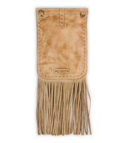 Introducing the Sandy Lane II crossbody by Bed|Stü: This tan leather pouch boasts a stitched flap, decorative brass accents, and long fringe detailing at the bottom. Expertly handcrafted from premium vegetable-tanned leather, it features the Bed|Stü brand name embossed on a small metal plate on the flap.