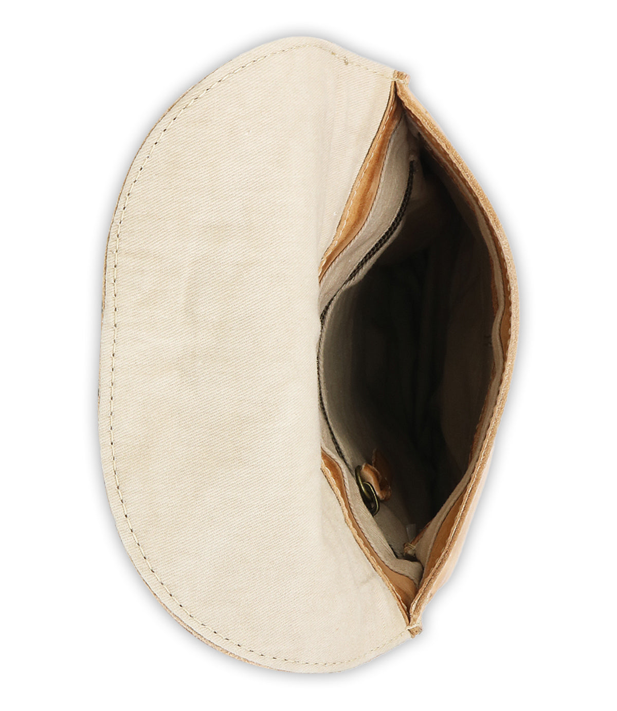 Introducing the Sandy Lane II by Bed|Stü—a beige canvas and vegetable-tanned leather pouch, opened to reveal a spacious interior with a handy pocket and secure snap button. Shown against a white background, this handmade piece skillfully blends natural materials for a distinctive artisan touch.